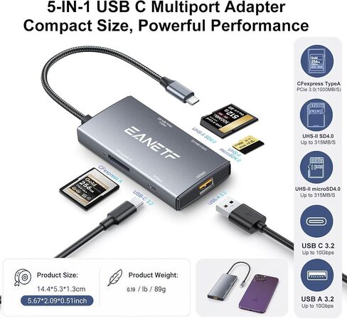 Eanetf 5-in-1 USB C Hub 10Gbps CFexpress Type C for 8K RAW in Kuwait