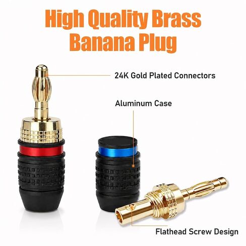 2Pcs Gold Plated Banana Plugs, Speaker Wire Connectors, Easy Installation, Quick Connect for Audio Video Amplifiers and Speaker Cables, Red & Blue in Kuwait