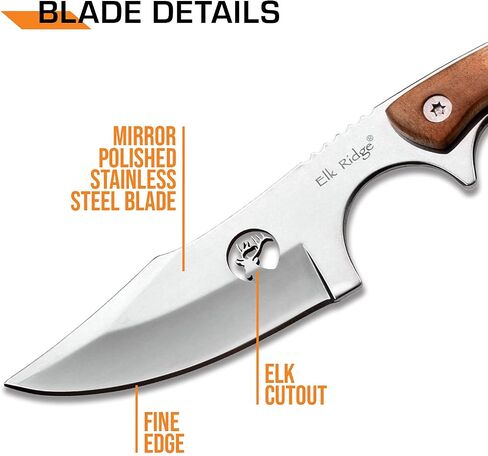 Elk Ridge - Outdoors Fixed Blade Knife - 6.75-in Overall, Mirror Finished Stainless Steel Blade, Burl Wood Handle - Full Tang Construction, 1680D Nylon Sheath - Hunting, Camping, Survival - ER-534 in Saudi Arabia
