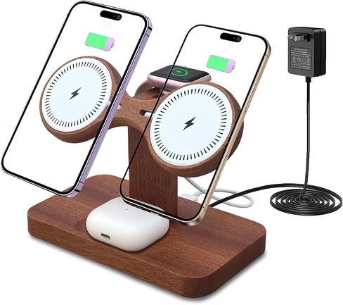 Compatible with Magsafe Dual Phone Charging Station for Apple Devices,Two Phone Wireless Charger for iPhone 17/16/15/14/13,AirPods & Apple Watch,Wood Charger Stand,Gift for Men Dad Boyfriend in Saudi Arabia