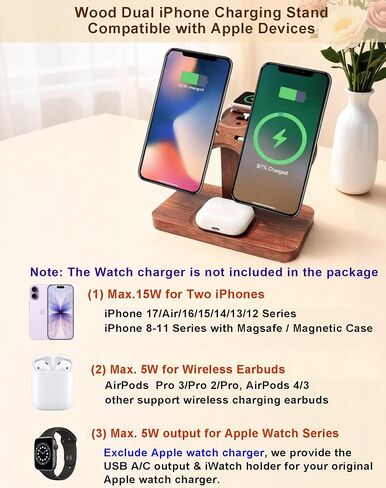 Compatible with Magsafe Dual Phone Charging Station for Apple Devices,Two Phone Wireless Charger for iPhone 17/16/15/14/13,AirPods & Apple Watch,Wood Charger Stand,Gift for Men Dad Boyfriend in Saudi Arabia
