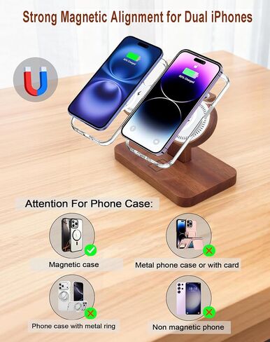 Compatible with Magsafe Dual Phone Charging Station for Apple Devices,Two Phone Wireless Charger for iPhone 17/16/15/14/13,AirPods & Apple Watch,Wood Charger Stand,Gift for Men Dad Boyfriend in Saudi Arabia