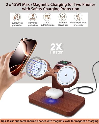 Compatible with Magsafe Dual Phone Charging Station for Apple Devices,Two Phone Wireless Charger for iPhone 17/16/15/14/13,AirPods & Apple Watch,Wood Charger Stand,Gift for Men Dad Boyfriend in Saudi Arabia