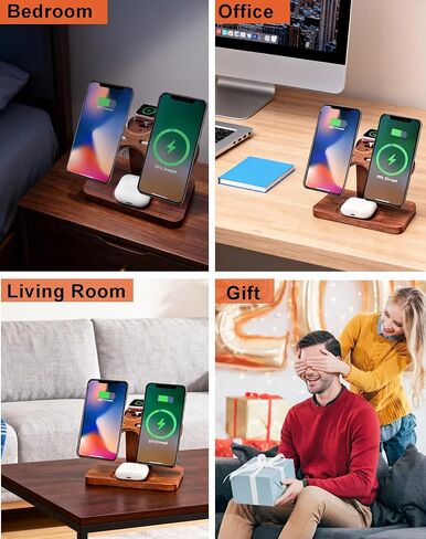 Compatible with Magsafe Dual Phone Charging Station for Apple Devices,Two Phone Wireless Charger for iPhone 17/16/15/14/13,AirPods & Apple Watch,Wood Charger Stand,Gift for Men Dad Boyfriend in Saudi Arabia