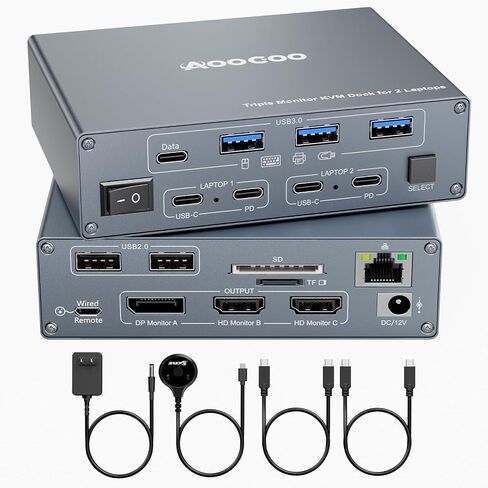 KVM Switch 3 Monitors 2 Laptops 4K@60Hz,USB C KVM Switch Docking Station for Windows Mac,with PD 100W,SD/TF,1G Ethernet, Wired Remote Control and USB C Cables in Saudi Arabia