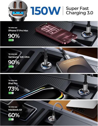 【Upgraded】 150W 3-Port iPhone 18 17 Pro Max Car Charger USB C Fast Charge in Saudi Arabia
