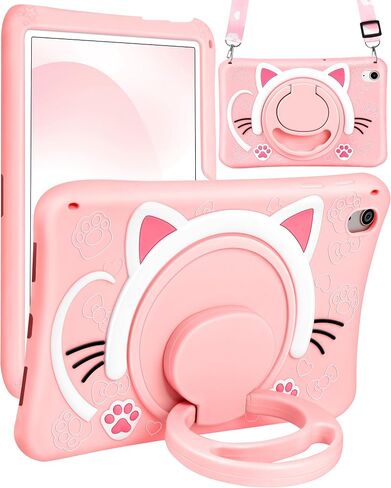 Wazzasoft for iPad 9th/8th/7th Generation Case 10.2 Inch Cute Girls Kawaii Cover Girly 3D Cat Cartoon Women with Rotating Handle Stand & Strap Soft Silicone Funda for Apple iPad Cases 9th/8th/7th Gen in Saudi Arabia