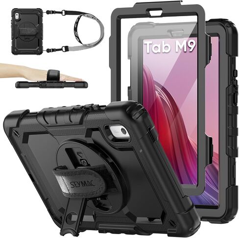 حافظة SEYMAC لجهاز Lenovo Tab M9 (TB-310FU) 2023 مع واقي شاشة، حافظة حماية مقاومة للسقوط مع حامل وحزام دوار 360 درجة [حامل قلم] حافظة لجهاز Lenovo Tab M9 9 بوصة (أسود) in Kuwait