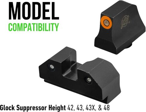 XS Sights R3D Tritium Night Sight برتقالي في ارتفاع القامع لـ Glock 42 و43 و43x و48 Gen 1-6، يتوهج أمامي وخلفي في التريتيوم الداكن للتطبيقات التكتيكية in Kuwait