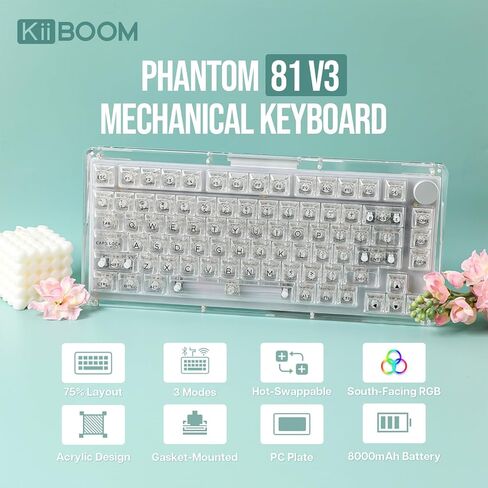 KiiBoom Phantom 81 V3 75% Upgraded Crystal Gasket Mechanical Keyboard with Acrylic Transparent Keyboard Dust Cover in Kuwait