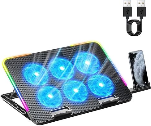Gaming Laptop Cooler Notebook Cooling Pad 6 Silent LED Powerful Air Flows Adjustable Laptop Stand 2 USB Interface Portable Cooling Fan Metal Mesh Cooler Quiet Pad Fan for in Saudi Arabia