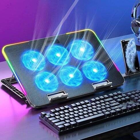 Gaming Laptop Cooler Notebook Cooling Pad 6 Silent LED Powerful Air Flows Adjustable Laptop Stand 2 USB Interface Portable Cooling Fan Metal Mesh Cooler Quiet Pad Fan for in Saudi Arabia