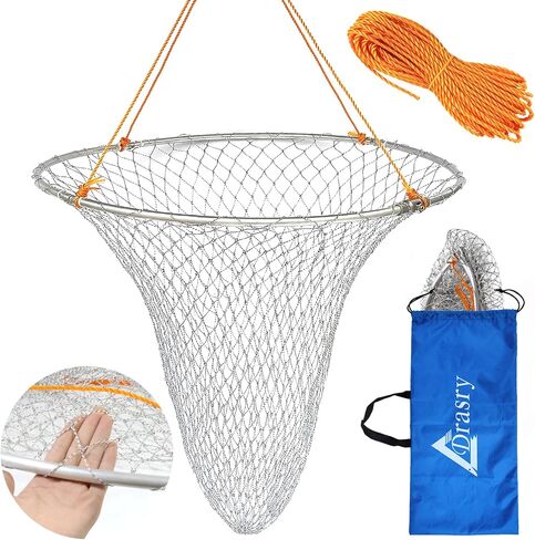 Drasry Foldable Bridge and Pier Fishing Net Landing Net High Load-Bearing Aluminum Ring Drop Net for Saltwater Freshwater Pier Fishing Baskets Net Collapsible with 49.2 FT Rope in Saudi Arabia