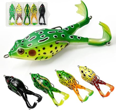 5PCS Topwater Prop Frog Lures Kit, Hollow Body Soft Fishing Frogs with Weedless Hooks, Floating Bass Lures with Tackle Box for Largemouth Bass, Pike, Snakehead Freshwater Saltwater Fishing in Kuwait