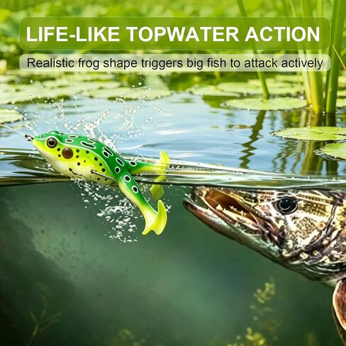 5PCS Topwater Prop Frog Lures Kit, Hollow Body Soft Fishing Frogs with Weedless Hooks, Floating Bass Lures with Tackle Box for Largemouth Bass, Pike, Snakehead Freshwater Saltwater Fishing in Kuwait