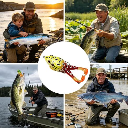 5PCS Topwater Prop Frog Lures Kit, Hollow Body Soft Fishing Frogs with Weedless Hooks, Floating Bass Lures with Tackle Box for Largemouth Bass, Pike, Snakehead Freshwater Saltwater Fishing in Kuwait