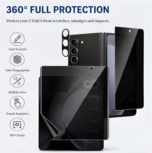 Privacy Screen Protector for Samsung Galaxy Z Fold 8, [1 Set] Anti-Spy TPU Inner Film + Tempered Glass Back Film + Camera Lens Protector, Case Friendly in Saudi Arabia