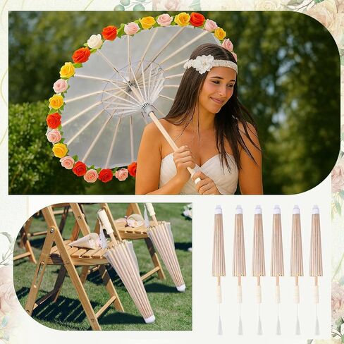 6 Pcs White Wedding Parasols, 22.1 Inch Bamboo Handles in Saudi Arabia