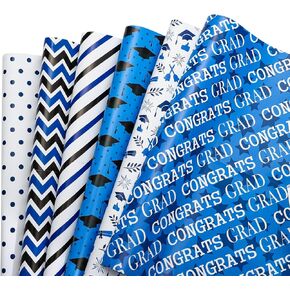 Whaline 12 Sheet Graduation Wrapping Paper 2024 Congrats Grad Wrapping Paper 19.7 x 27.6 Inch Grad Cap Stripes Dots Blue Black White Dots Stripes Folded Flat Gift Wrap Paper for Graduation Party
