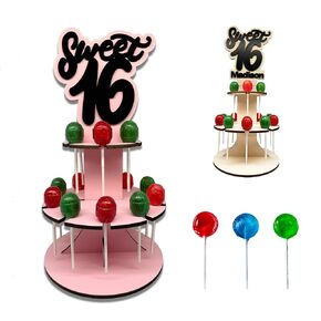 Sweet 16 Dessert Table Display Set Cupcake Stand, Lollipop Stand, and Cake Pop Holder | Name Personalized Sweet 16 Party Decorations and Centerpiece | Laser Cut Wood | Lollipop Stand