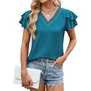 Blooming Jelly Women's Dressy Casual Blouses Business Work Tops Ruffle Sleeve Lace V Neck Shirts Summer Outfits