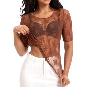 Decorus Mesh Tops Sheer Sexy : See-Through Lace Shirts Short Sleeves - White Floral Layering Shirt Blouse Tops for Women