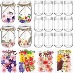 12 Sets DIY Pressed Flowers Mason Jars Set Dried Flower Mason Jar Decorations 12 oz Mason Jars 140 Pcs Natural Real Pressed Flowers for Kindergarten Lantern Art Crafts Making Wedding Favors in Saudi Arabia