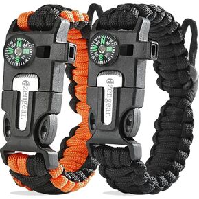 aZengear Paracord Survival Bracelets (Pair) | Flint & Steel Fire Starter, Whistle, Compass, Mini Saw | Adjustable Band Size for Camping, Bushcraft, Emergency Kit (Black & Orange (Pair))
