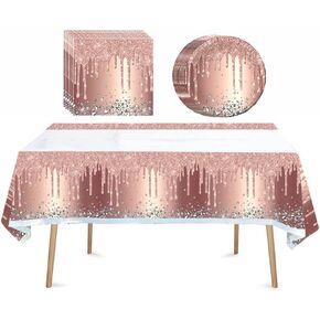 41pcs Pink Rose Golden Party Supplies ,Include 20 Plates, 20 Napkin and 1pcs Tablecloth,Used for Pink Rose Golden Birthday Party Decoration