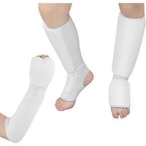Cozypower 2 Pairs Shin Instep Guard and Fist Forearm Guards White Foot Protective Gear Protector Hand Padded Arm Sleeves for Sparring Martial Arts Taekwondo MMA Kickboxing Muay Thai