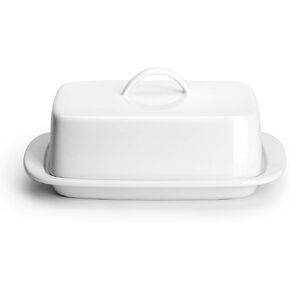 Sweese Large Butter Dish with Lid for Countertop, Porcelain 8oz Butter Keeper with Handle Cover Design, 7.7 Inch Butter Container Perfect for East/West Coast Butter, White