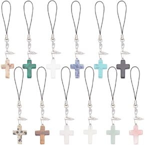 DELORIGIN 12pcs Cross Phone Charms, Gemstone Hanging Pendants with Alloy Charms Mobile Phone Strap Lanyard Charms for Keychain Mobile Phone Case Car Key Bag Backpack Purse Decoration