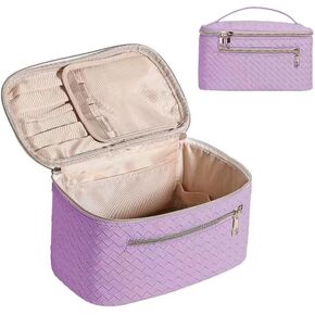 TUYSKE Travel Makeup Bag Large Capacity Cosmetic Bags Waterproof Toiletry Bag for Women Lay Flat PU Leather Makeup Bag with Divider and Handle Makeup Organizer Bag Cosmetic Pouch Brown