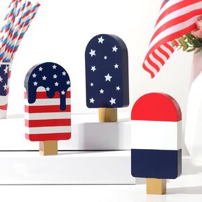4th of July Decorations, 4pcs July 4th Patriotic Tiered Tray Decor Wooden Sign, Vintage Popsicle Shaped Wood Blocks, Rustic American Memorial Day Table Decor for Independence Day Home Décor