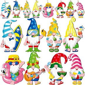 40 Pcs Summer Wooden Gnome Hanging Ornaments for Tree Hawaiian Wooden Gift Tags with String Summer Party Elf Wooden Decoration Summer Tree Hanging Ornaments Beach Party Supplies Luau Party Decorations