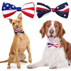 PET SHOW 2pcs US Flag Patriotic Large Dogs Collar Bowties Attachment Slide Medium Big Dog Bow Ties for Independence Day June 14 July 4th Holiday Party Grooming Accessories A