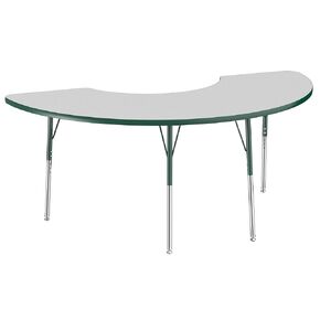 طاولة مكتب ومدرسة للأنشطة على شكل نصف قمر من FDP (36 × 72 بوصة)، أرجل قياسية مع انزلاقات دوارة لبيئات الجلوس التعاونية، ارتفاع قابل للتعديل 19-30 بوصة - قمة رمادية وحافة خضراء