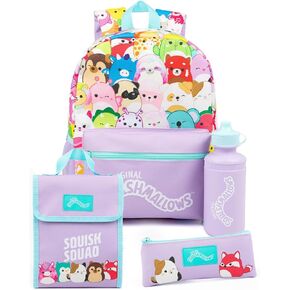 Squishmallows Girls 4 Piece Backpack Set | Kids Purple Rucksack Bundle with School Bag, Pencil Case, Lunch Bag & Water Bottle