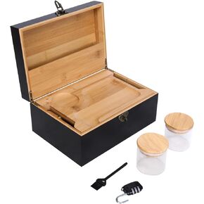 Arborishthink Bamboo Chest Kit Storage Box with Bamboo Tray Decorative Box with Combination Lock Box – Trendy & Large Bamboo Box with 3 Glass Jars and Detachabe Tray - Natural