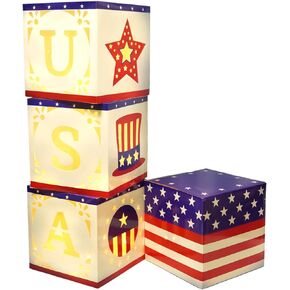 Uieke 4th of July Decorations Boxes, Patriotic Decorative Box Lighted Hollow-Out Paper Gift Boxes Red White Blue Decor for Independence Day Holiday Home Party Favor Supplies, Set of 4