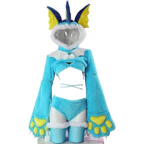 Women's Anime Cosplay Lingerie Set Blue Furry Paw Homewear Plush Paw Gloves Hoodie and Bra Panty with Stockings