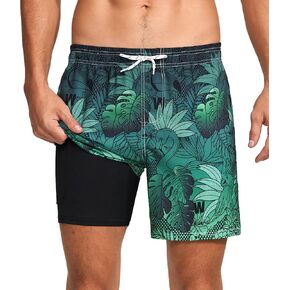 Mens Swim Trunks with Compression Liner 5.5" Inch Inseam Swim Trunks Quick Dry Surfing Summer Beach Shorts