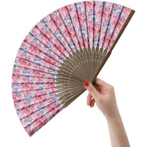 Women Pretty Hand Fan Bamboo Printed Pattern Folding Fan Wedding Party Themed Anniversary Accessory Red Rose