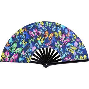 Gionforsy Rave Hand fan Bamboo Holding Hand Fan Large Folding Fan with Bright Color Fabric Folding Fan for Festival (Butterfly)