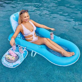 SLOOSH Pool Floats Lounger Adult, Fabric Pool Floaties Lounge Convertible 2-in-1 Float Floating Water Floaty with Cup Holders Adjustable Backrest Recliner for Pool Party