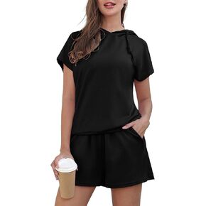 Women's 2 Piece Outfits Cap Sleeve Hoodie Tops and Elastic Waist Shorts Sets Lounge Sweatsuit Loungewear with Pocket