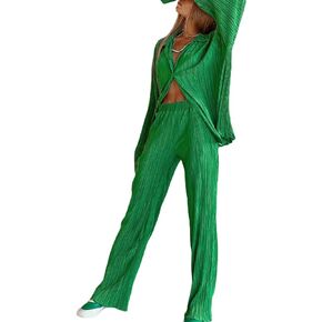 Yuemengxuan Women 2Pcs Casual Outfits Set Button Down Long Sleeve Shirt High Waist Pleated Pants Sets Streetwear Loungewear