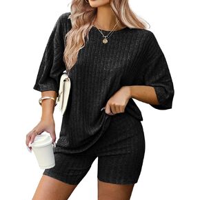 IN'VOLAND Women's Plus Size 2 Piece Outfits Ribbed Knit Matching Outfits T-shirt Biker Shorts Sets Tracksuits