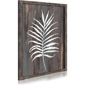 WALLSUP DECOR White Leaf Wooden Wall Art - Fern Nature Leaves Painting Vintage Dark Botanical Artwork Wood Picture for Home Wall Plant Themed Rooms