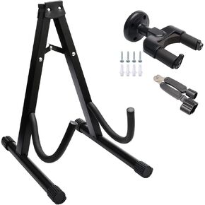 Swhmc Guitar Folding Stand Portable Metal A-Frame Bracket Holder for Acoustic and Electric Guitars,Basses, Banjos with with Non-Slip Rubber(Black, Arc Arm)